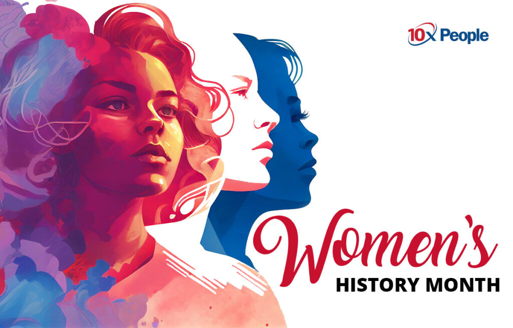Illustration of women's faces with text that read Women's History Month
